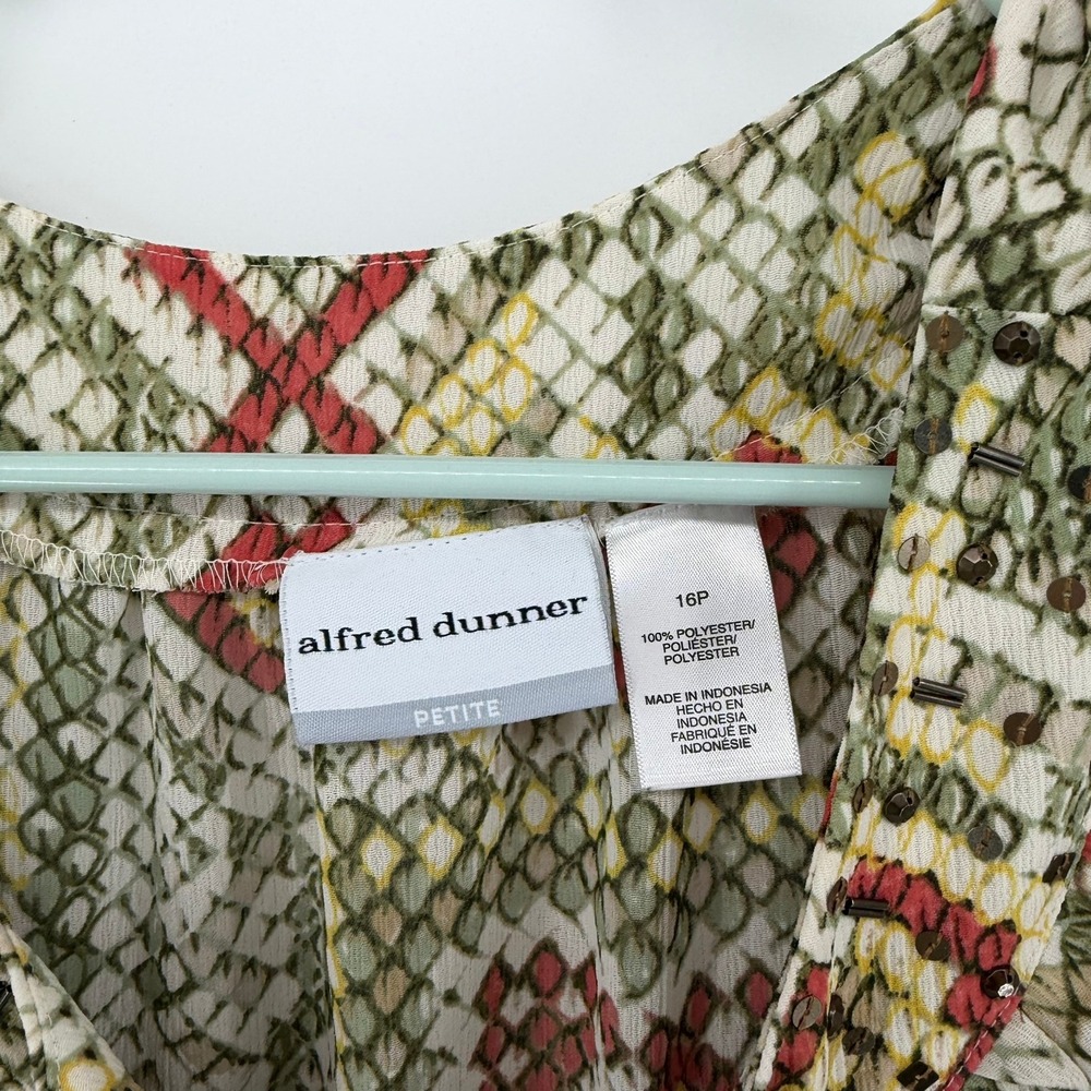 Alfred Dunner Blouse Womens 16P Green Snakeskin Geometric Sequin V-Neck Top - Picture 3 of 7